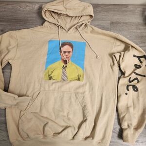 The Office Tan Hoodie Sweater Size L Dwight Schrute False Spellout Dunder Miffli